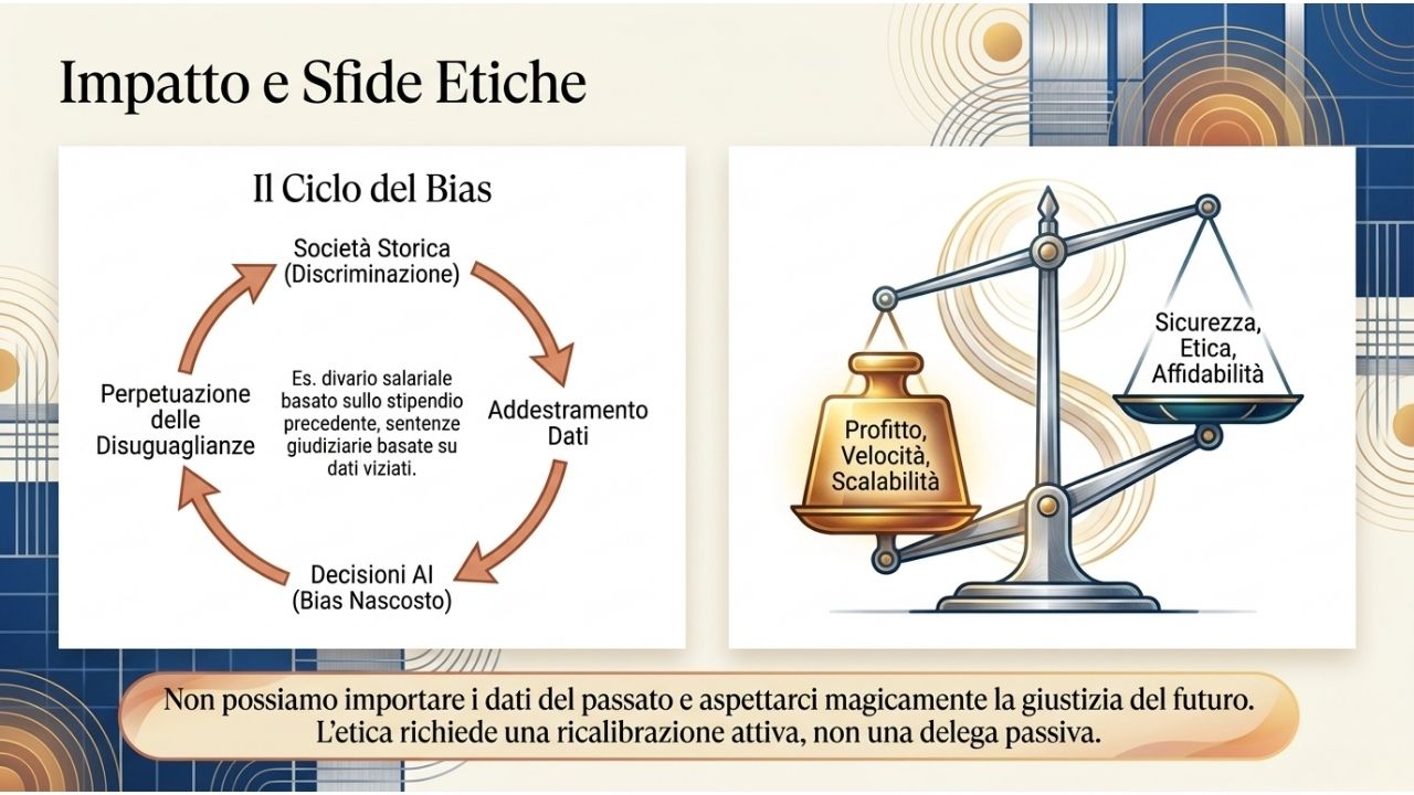 Diagramma del ciclo del bias nell&rsquo;intelligenza artificiale e bilancia tra profitto e etica che rappresenta le sfide etiche dell&rsquo;AI