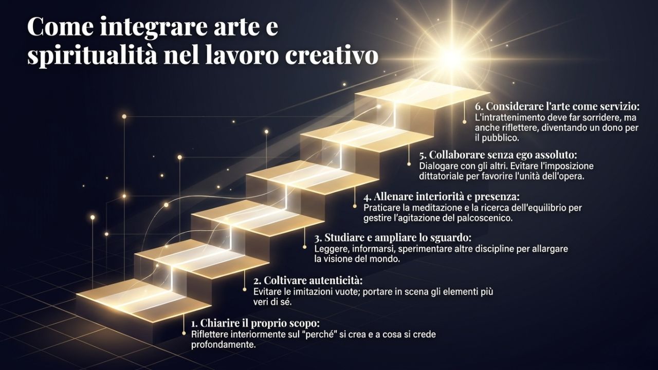 Scala luminosa che rappresenta le fasi per integrare arte e spiritualit&agrave; nel lavoro creativo fino al servizio all&rsquo;umanit&agrave;