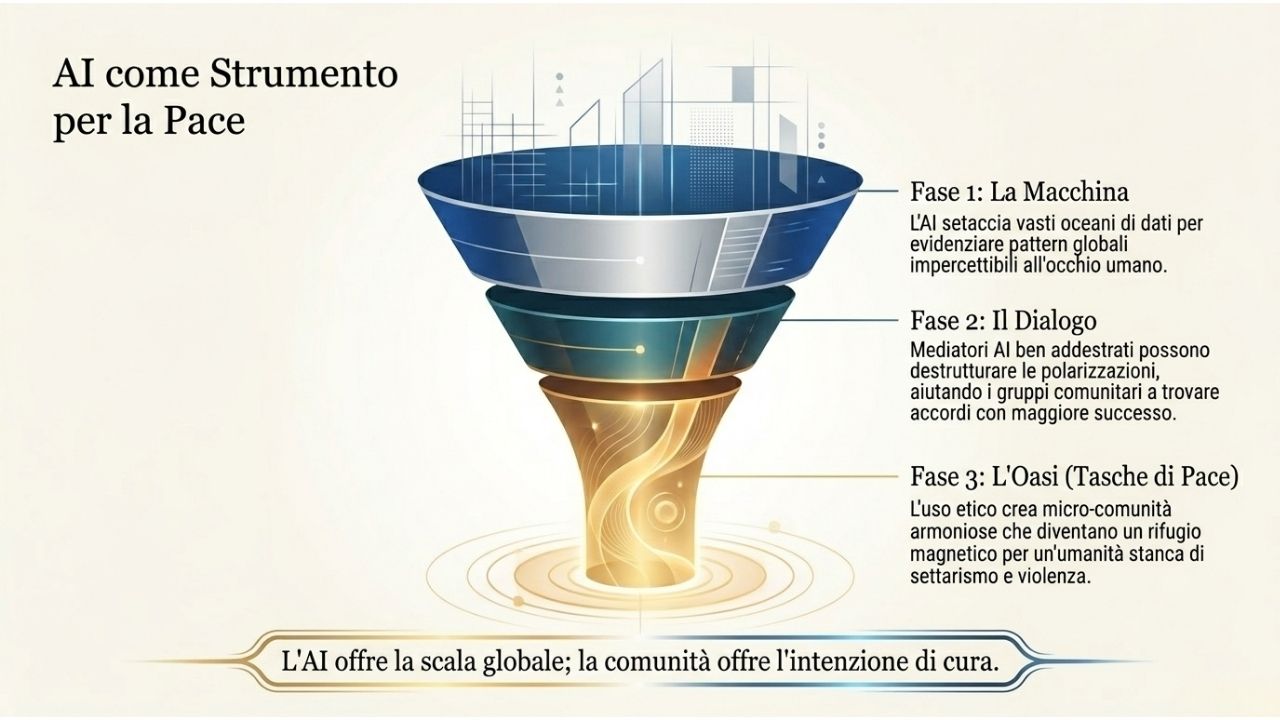 Schema dell&rsquo;intelligenza artificiale come strumento per la pace con fasi di analisi dati, dialogo e creazione di comunit&agrave; armoniose
