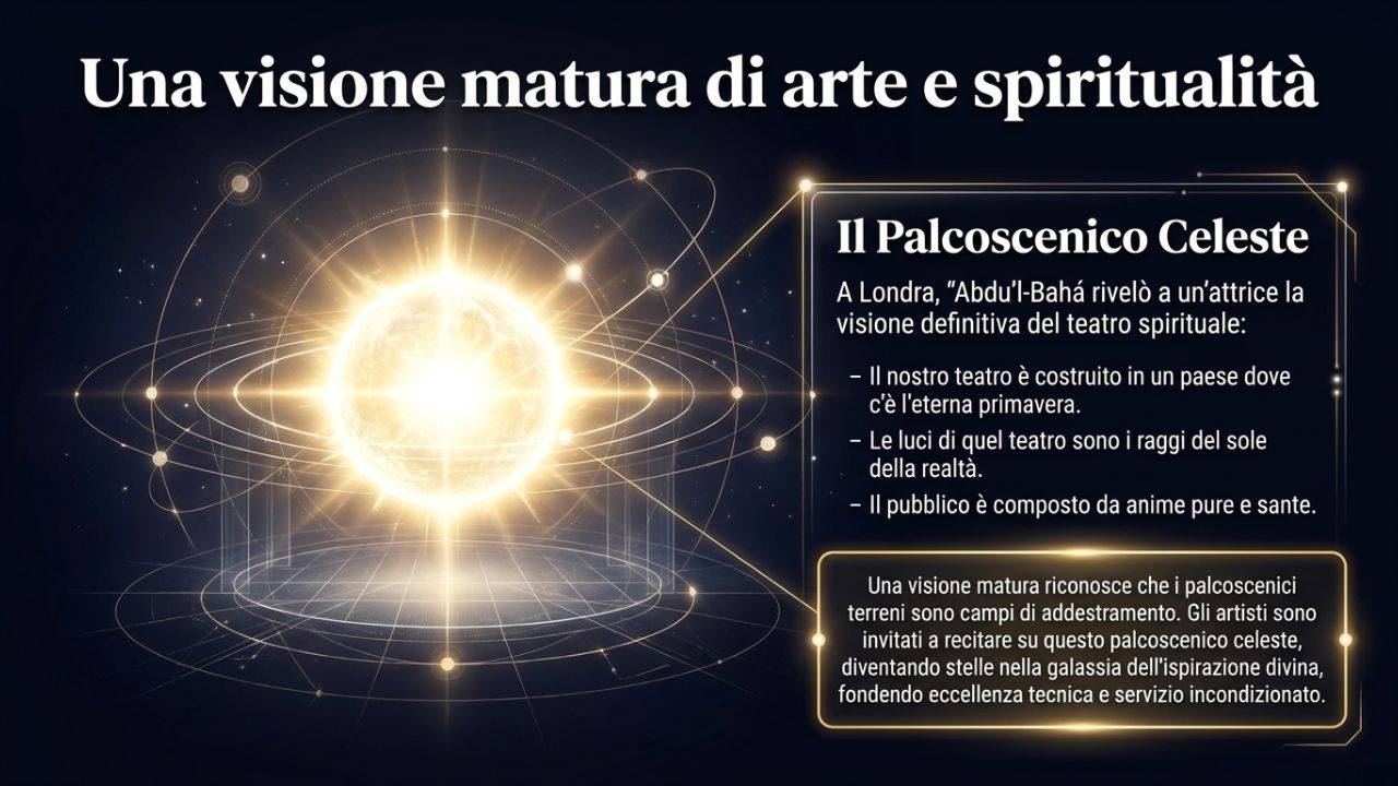 Illustrazione del palcoscenico celeste con sfera luminosa che rappresenta una visione matura di arte e spiritualit&agrave;